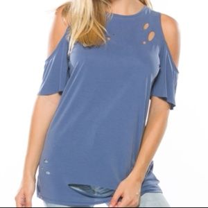 COLD SHOULDER DISTRESSED BLUE TEE